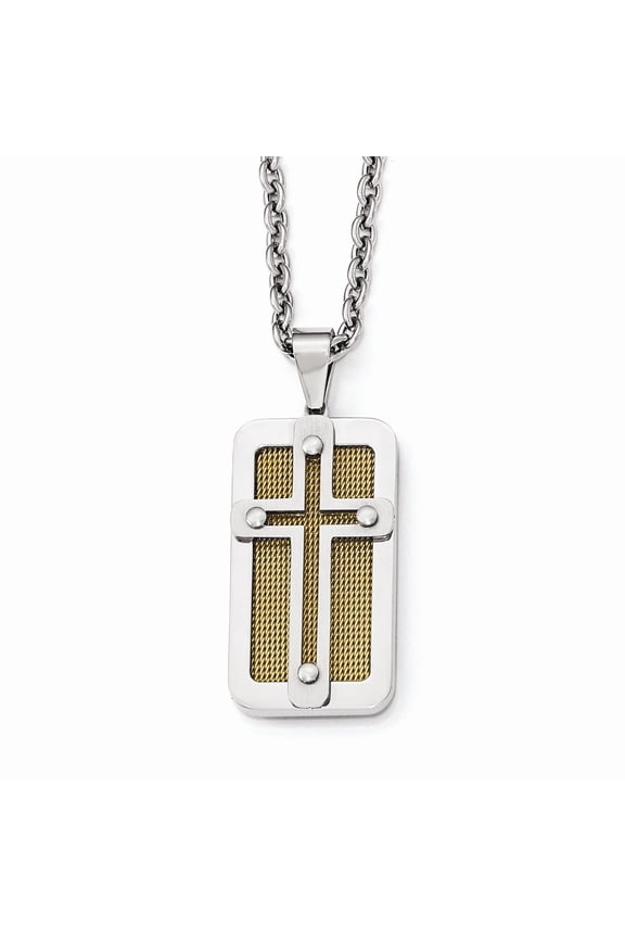 Stainless Steel Polished Yellow Ip-plated Wire Inlay Cross Necklace - 24 Inch - Measures 24mm long