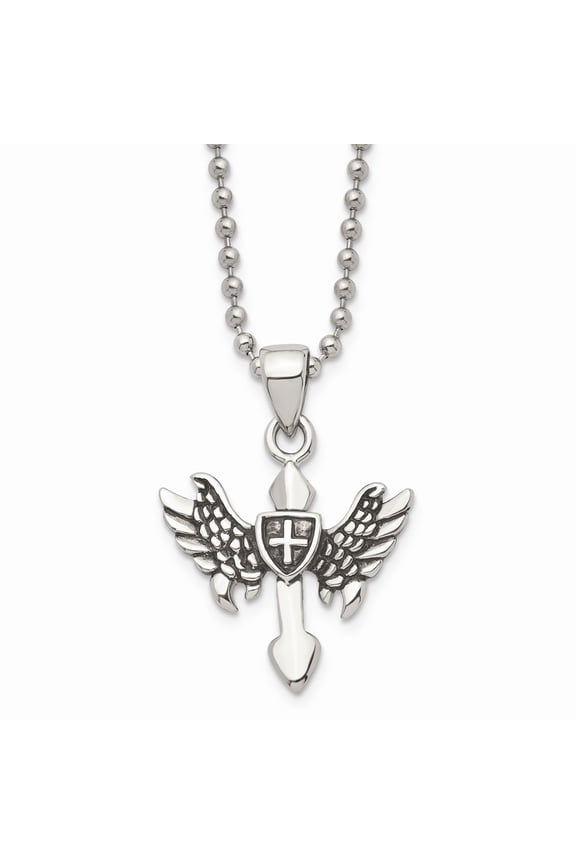 Stainless Steel Polished and Antiqued Cross with Wings Necklace; 20 inch; for Adults and Teens; for Women and Men
