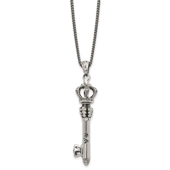 Chisel Stainless Steel Antiqued and Polished Crown Key 20in Necklace