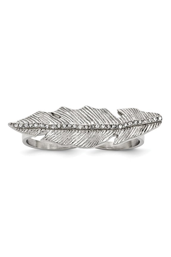 Stainless Steel Polished and Antiqued Leaf Two Finger 8/9 Crystal Ring - Size 8