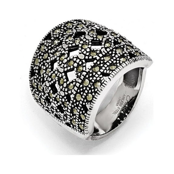 Stainless Steel Polished and Antiqued Marcasite Ring