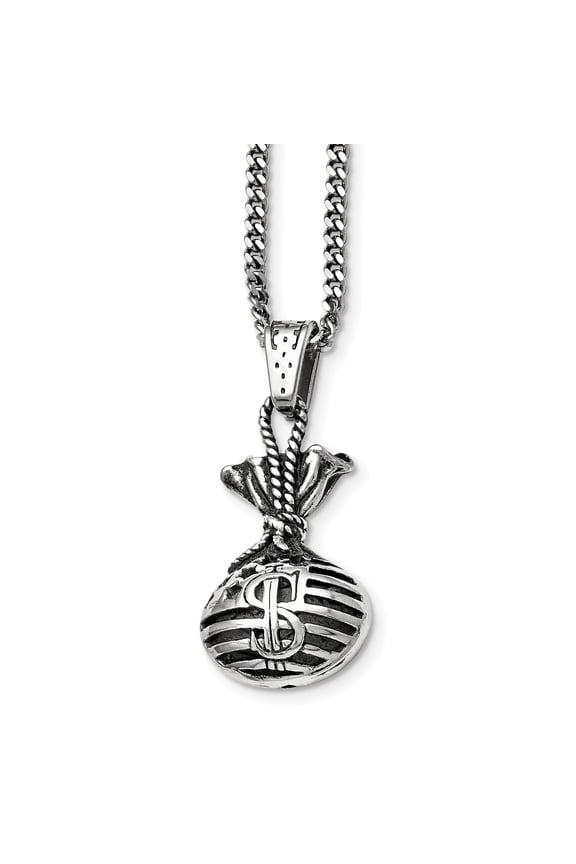 Stainless Steel Polished and Antiqued Money Bag Necklace