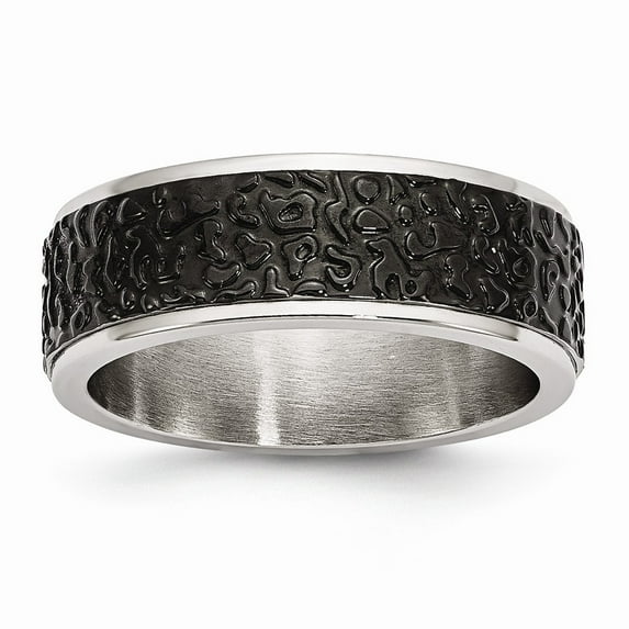 Stainless Steel Polished and Textured Black Ip-plated Band Ring - Size 12.5