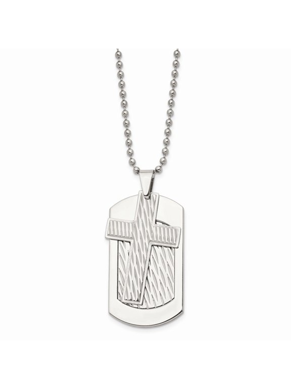 Stainless Steel Polished and Textured Cross and Dog tag Necklace; 24 inch; Lobster (Fancy) Clasp; for Adults and Teens; for Women and Men