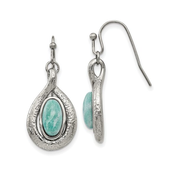 Stainless Steel Polished and Textured Simulated Green Calcedony Earrings