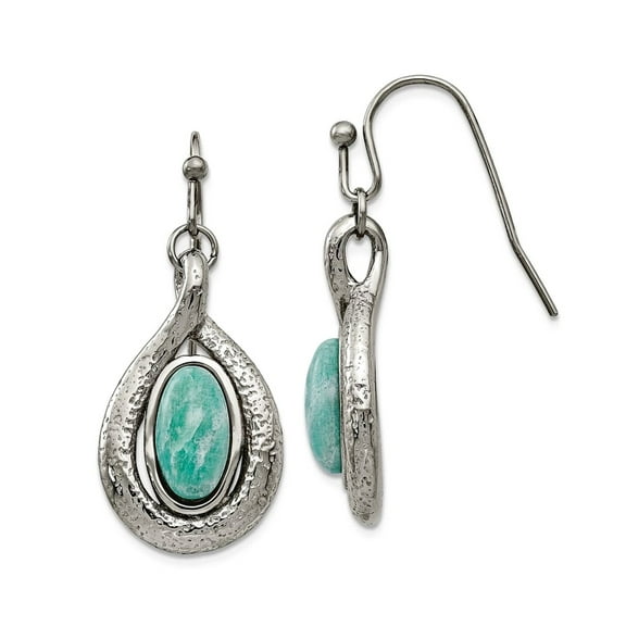 Stainless Steel Polished and Textured Simulated Green Calcedony Earrings Dangle Earring for Women