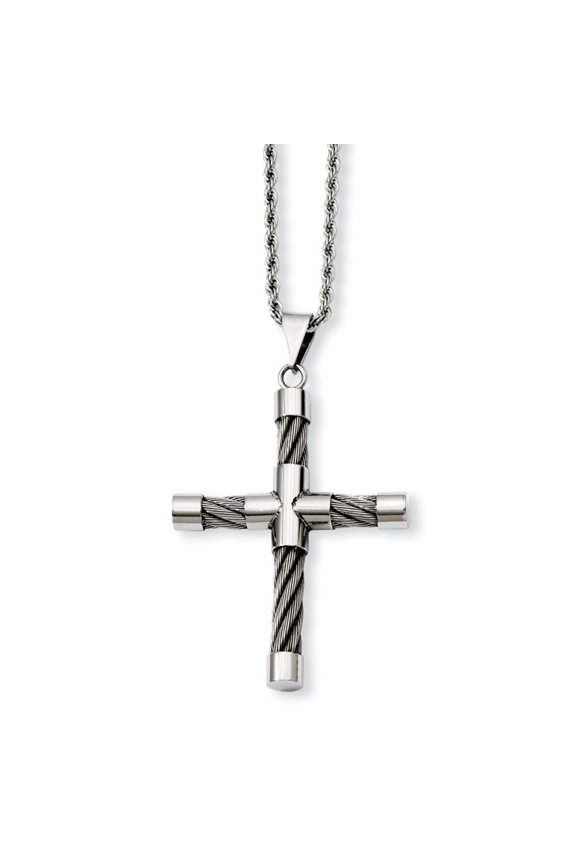 Stainless Steel Polished and Wire Cross Pendant 22inch Necklace - 22 Inch - Measures 38mm Wide