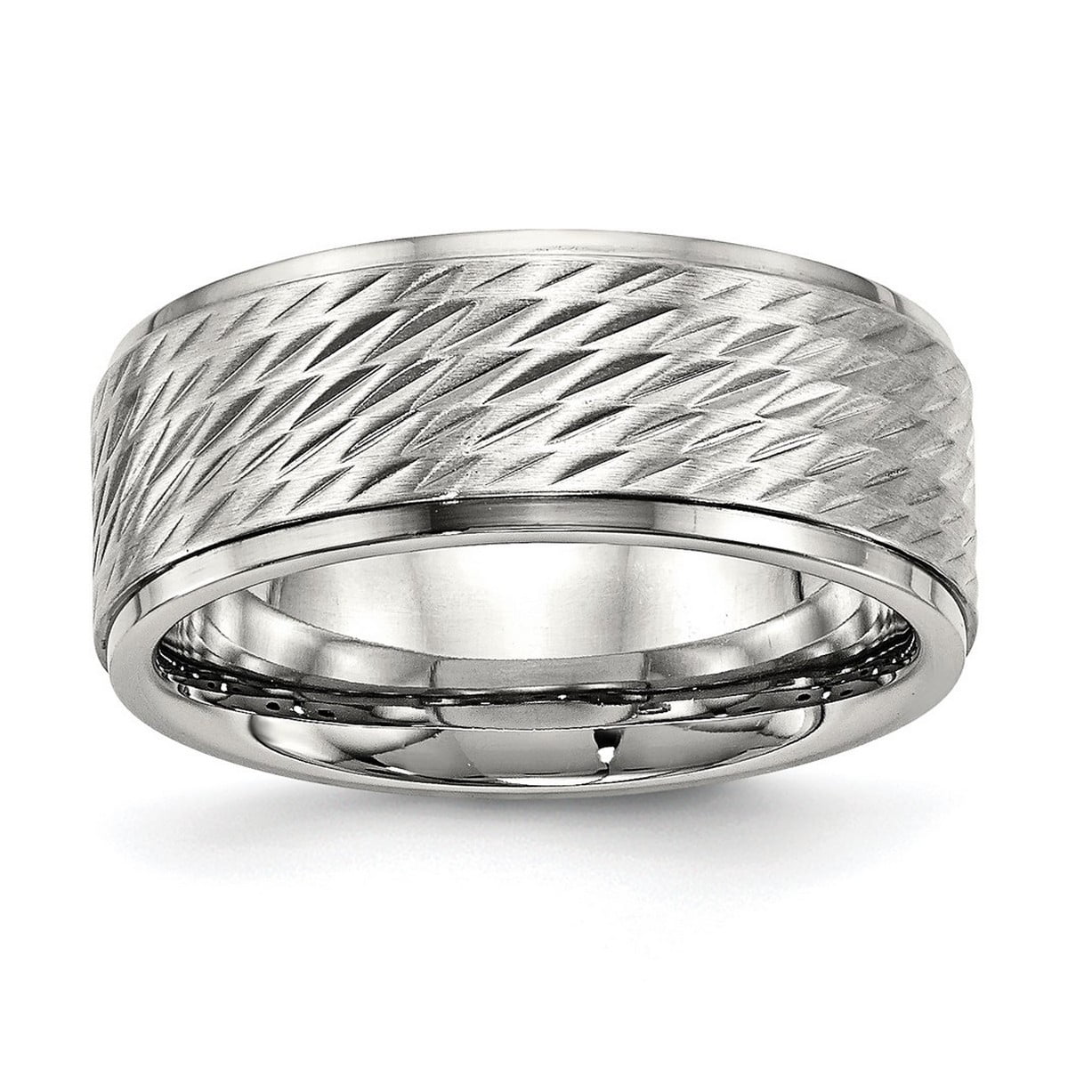 9mm Stainless Steel Polished Ridged Edge Sparkle Cut Ring Size 14 - Ring for Women