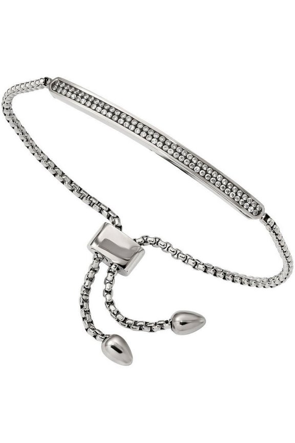Stainless Steel Polished with 2 Row CZ Bar Friendship/Bolo Adjustable Bracelet