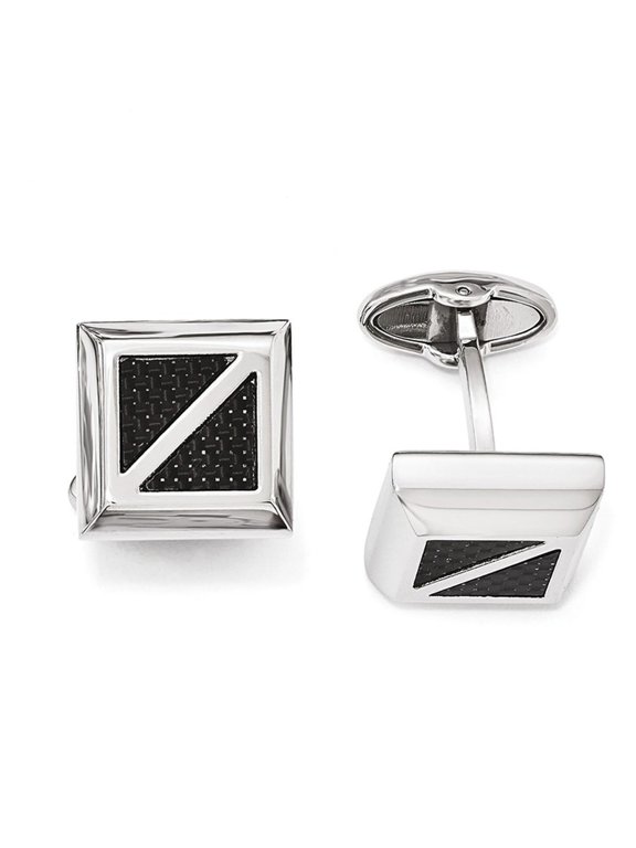 Stainless Steel Polished with Black Carbon Fiber Inlay Square Cuff Links