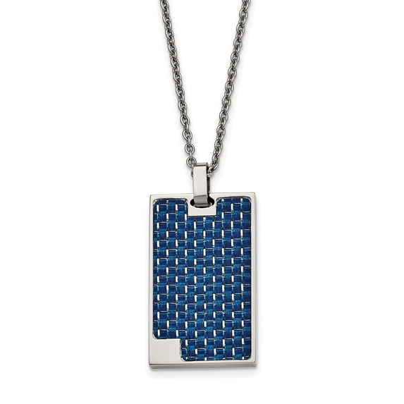 Stainless Steel Polished with Blue Carbon Fiber Inlay Dog Tag Necklace