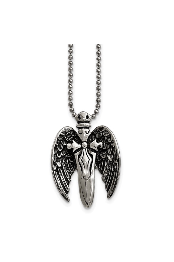 Stainless Steel Polished with Brushed Back Antiqued Winged Sword Necklace
