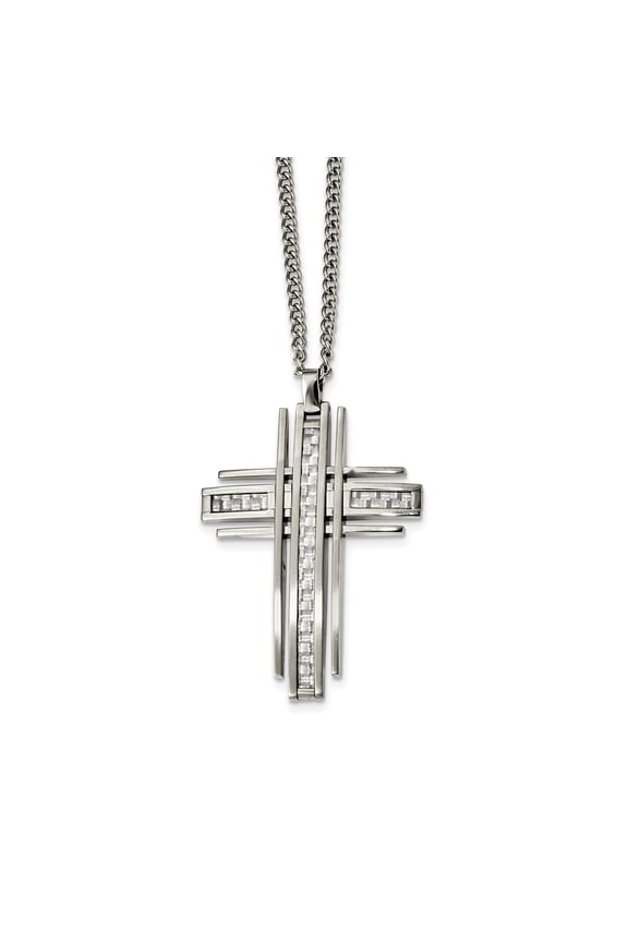 Stainless Steel Polished with Grey Carbon Fiber Inlay 24in Cross Necklace; 24 inch; for Adults and Teens; for Women and Men