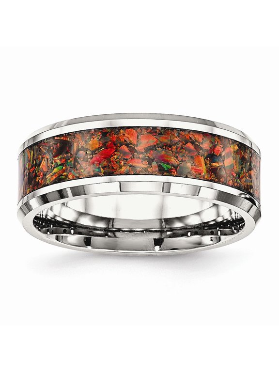 Stainless Steel Polished with Red Imitation Opal 8mm Men's Ring Size: 9; for Adults and Teens; for Women and Men