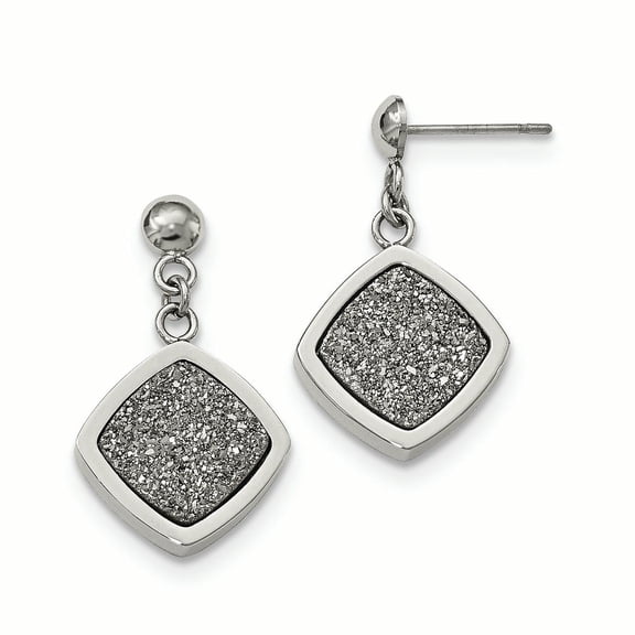 Stainless Steel Polished with Silver Druzy Post Dangle Earrings
