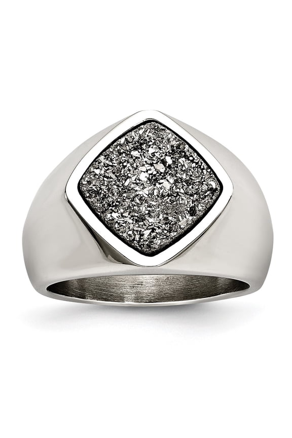 Stainless Steel Polished with Silver Druzy Ring