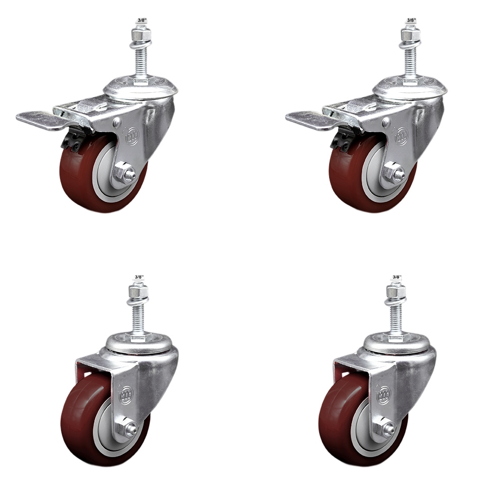 Stainless Steel Polyurethane Swivel Threaded Stem Caster Set of 4 w/3