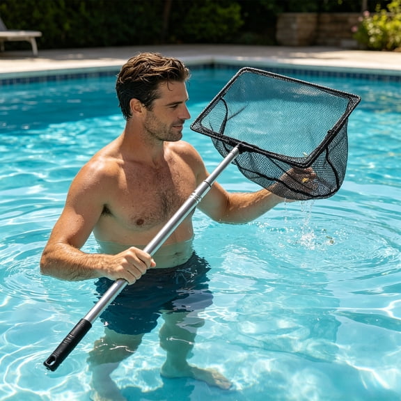 Stainless Steel Pool Skimmer Net, Telescopic Square Landing Net For Pond Aquarium And Fish Catching, Durable Cleaning Tool For Water Maintenance