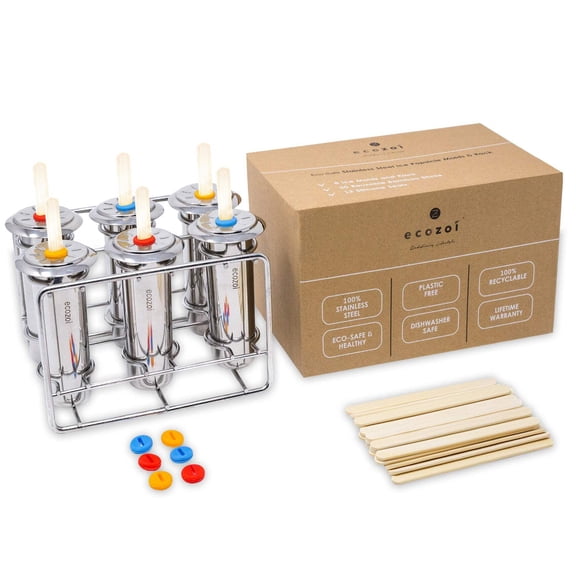 Ecozoi Stainless Steel Popsicle Molds with Sticks, Round & Reusable, Bamboo, Ice Cream Bars