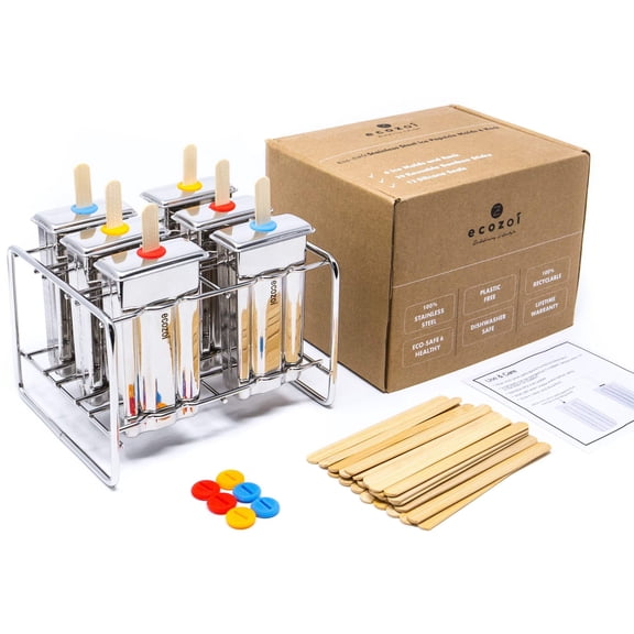 Ecozoi Stainless Steel Ice Pop Molds, Square Shape with Reusable Bamboo Sticks