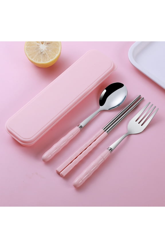 Stainless Steel Portable Cutlery Set - 3-Piece Travel Utensils with Chopsticks, Spoon & Fork - Compact Lunch Box for Office, School, Camping - Pink, Yellow, Blue Options