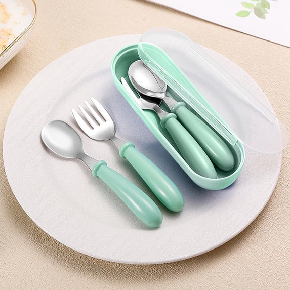 Stainless Steel Portable Cutlery Set | Spoon Fork Set with Dual Storage Box | Compact Travel Tableware | Food Grade Metal | Lightweight for Camping, Picnic, Office, Red Blue Green | 6.1" Durable
