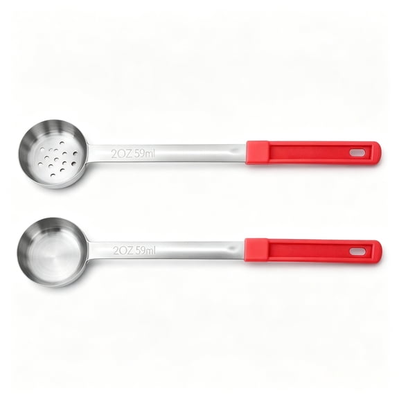 Stainless Steel Portion Control Ladle Spoon, 2 Pcs 2 oz Restaurant Measuring Serving Ladle Utensils, Portion Control Slotted and Unslotted Scoops forKitchen (Red, Solid and Slotted)