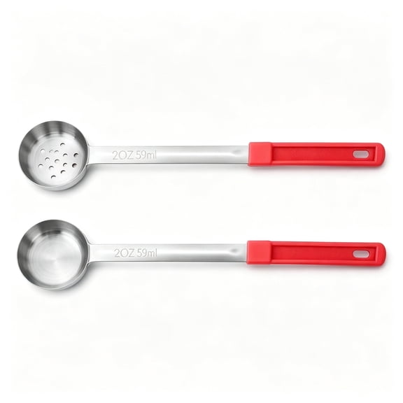 Tutuviw Stainless Steel Portion Control Ladle Spoon, 2 Pcs 2 oz Restaurant Measuring Serving Ladle Utensils, Portion Control Slotted and Unslotted Scoops forKitchen (Red, Solid and Slotted)