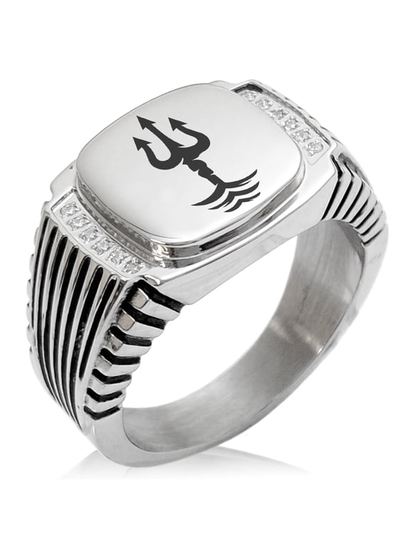 Stainless Steel Poseidon Greek God of Sea CZ Ribbed Needle Stripe Pattern Biker Style Polished Ring