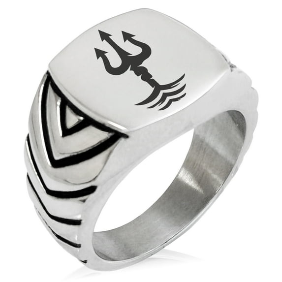 Stainless Steel Poseidon Greek God of Sea Chevron Pattern Biker Style Polished Ring