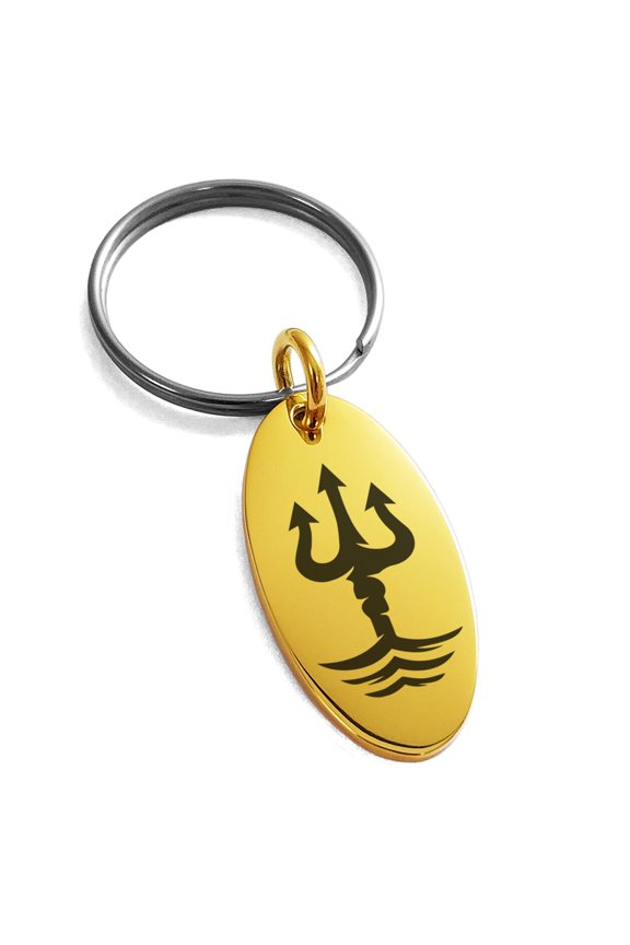 Stainless Steel Poseidon Greek God of Sea Engraved Small Oval Charm Keychain Keyring