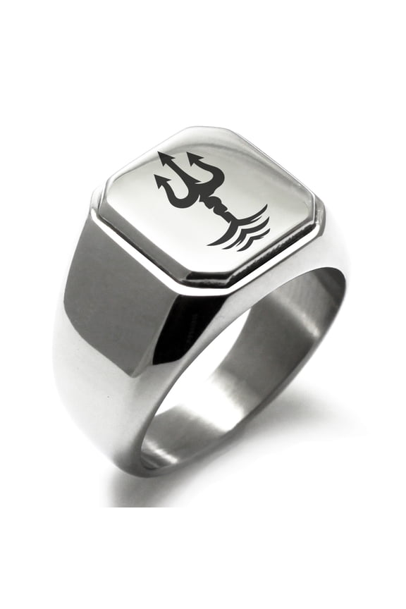 Stainless Steel Poseidon Greek God of Sea Engraved Square Flat Top Biker Style Polished Signet Ring