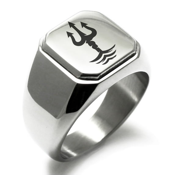 Stainless Steel Poseidon Greek God of Sea Engraved Square Flat Top Biker Style Polished Signet Ring