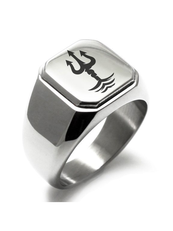 Stainless Steel Poseidon Greek God of Sea Engraved Square Flat Top Biker Style Polished Signet Ring