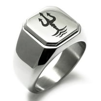 Tioneer Stainless Steel Poseidon Greek God of Sea Engraved Square Flat Top Biker Style Polished Signet Ring