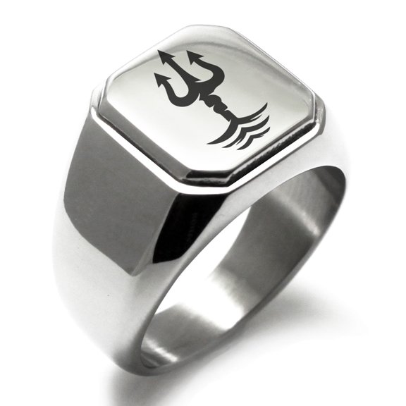 Tioneer Stainless Steel Poseidon Greek God of Sea Engraved Square Flat Top Biker Style Polished Signet Ring