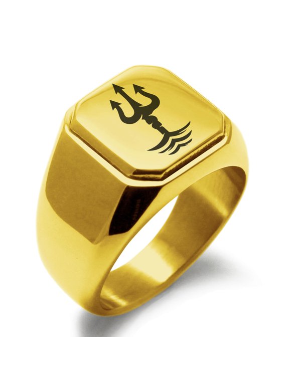 Stainless Steel Poseidon Greek God of Sea Engraved Square Flat Top Biker Style Polished Signet Ring