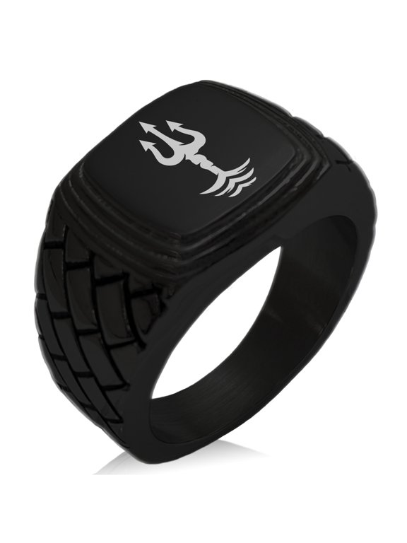 Stainless Steel Poseidon Greek God of Sea Geometric Pattern Step-Down Biker Style Polished Ring