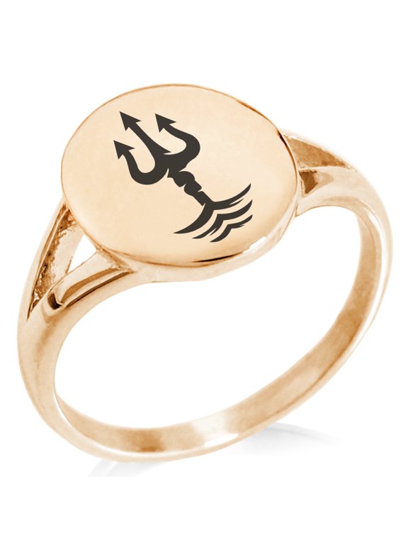 Stainless Steel Poseidon Greek God of Sea Minimalist Oval Top Polished Statement Signet Ring