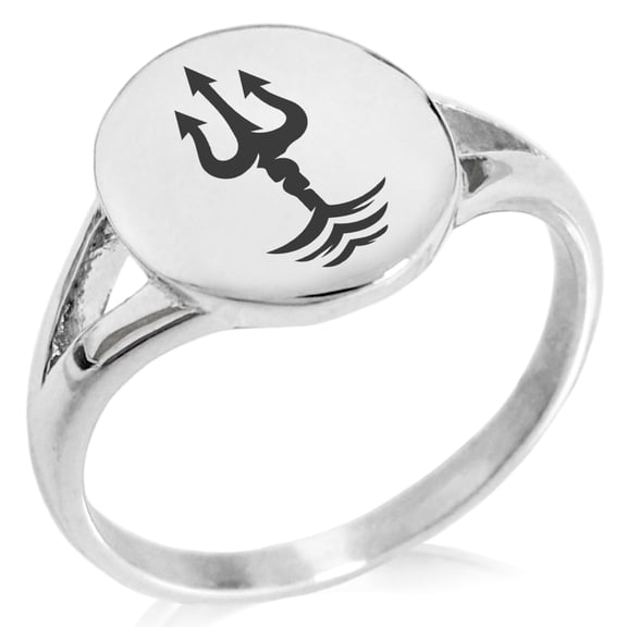 Stainless Steel Poseidon Greek God of Sea Minimalist Oval Top Polished Statement Signet Ring