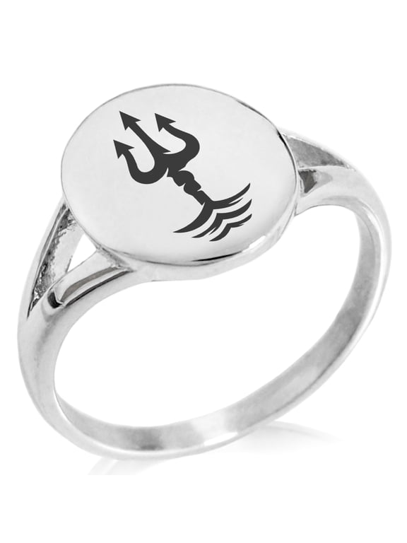 Stainless Steel Poseidon Greek God of Sea Minimalist Oval Top Polished Statement Signet Ring