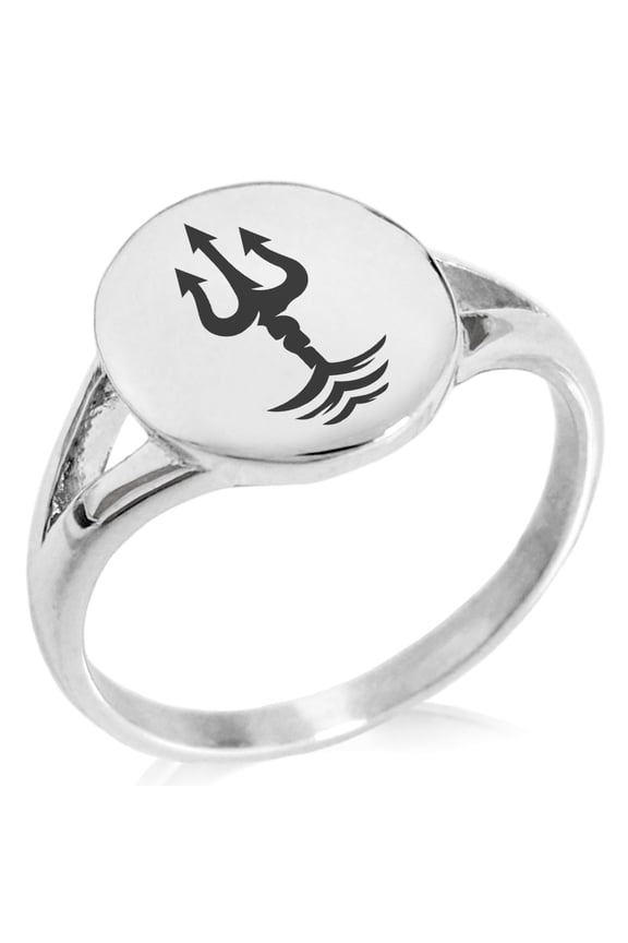 Stainless Steel Poseidon Greek God of Sea Minimalist Oval Top Polished Statement Signet Ring