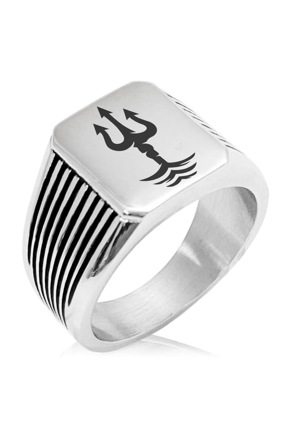 Stainless Steel Poseidon Greek God of Sea Needle Stripe Pattern Biker Style Polished Ring
