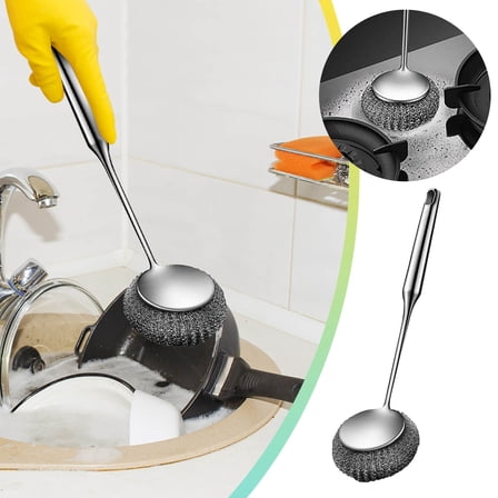 Stainless Steel Pot Brush, Long Handle Cleaning Tool, Non-damaging Steel Ball Scrubber for Kitchen, Pot and Pan Cleaner, Heavy-duty Wire Brush for Cookware