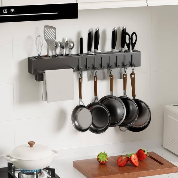 Stainless Steel Pot and Pan Hanger,Wall Mounted Pot Rack Kitchen Hanging Rail With S Hooks,Detachable Pans Hanging Rail Kitchen Lids Utensils Hanger,19.7 InchWall Mounted Hanging Pot Rack