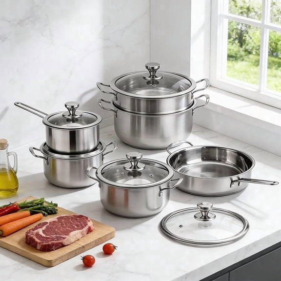 Stainless Steel Pot and Pan Set, 11-Piece Professional Induction Cookware Set, 500F Heat-Resistant Kitchen Cooking Set for Family Meals and Lunar New Year Hosting, Silver