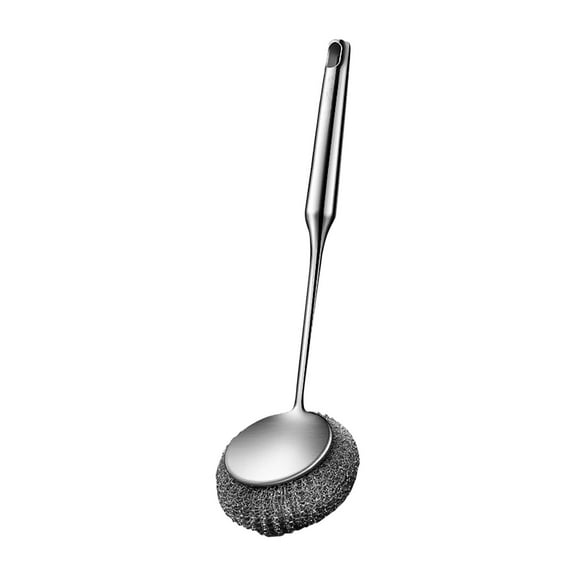 A Stainless Steel Pot Scrubber With Long Handle Ball Shape Wire Brush For Kitchen Cleaning Non Scratch Design For Pots Pans Cookware Easy Grip Handle For Home Use Dishwashing Tool