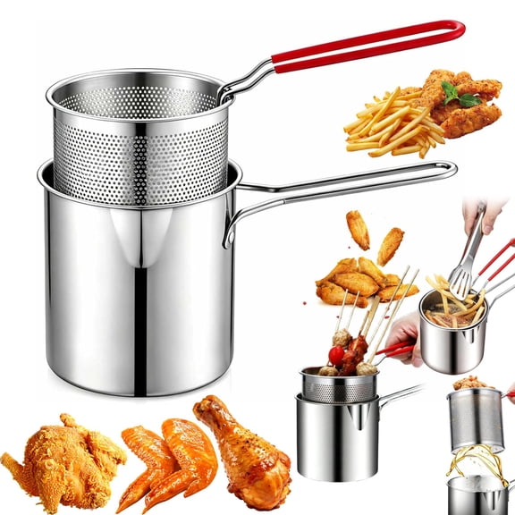 Stainless Steel Pot with Lift-Out Draining Basket, 1.2L Mini Deep Fryer Set for Stovetop Cooking