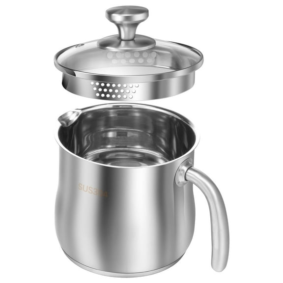 Jetcloudlive Stainless Steel Pot with Pour Spout and Glass Lid 2000 ML Saucepan with Slag Separating Hole for Small Family Apartment Living