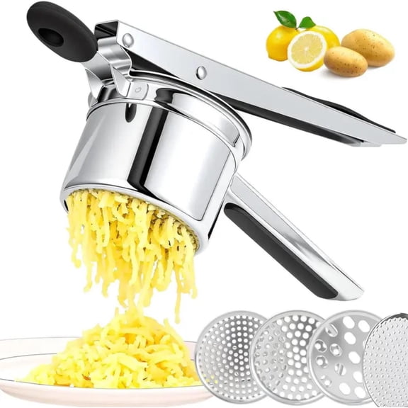 Stainless Steel Potato Masher - 4-in-1 Fruit Vegetable Press and Lemon Juicer - Manual Kitchen Tool for Puree and Draining, Kitchen Gadget, Fruit Presser, Kitchenware, Vegetables Juice Extractor